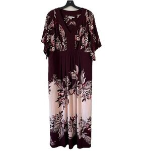 Chicos 3P Maxi Dress Women's XL Petite  Floral Flutter-Sleeve Maroon
